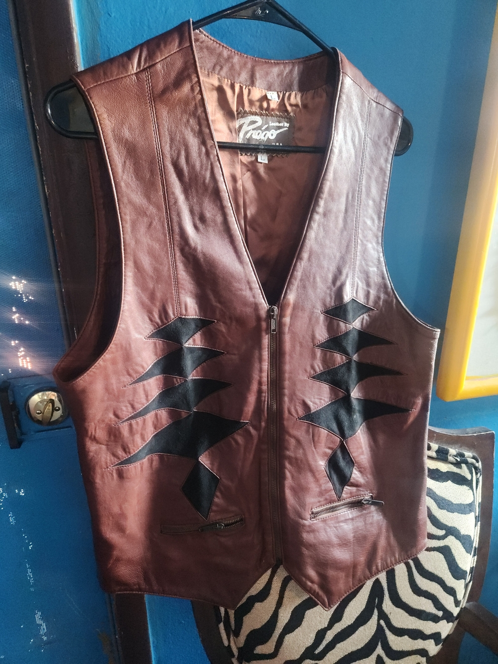Brown Leather Men's Vest with Black Accent Panels